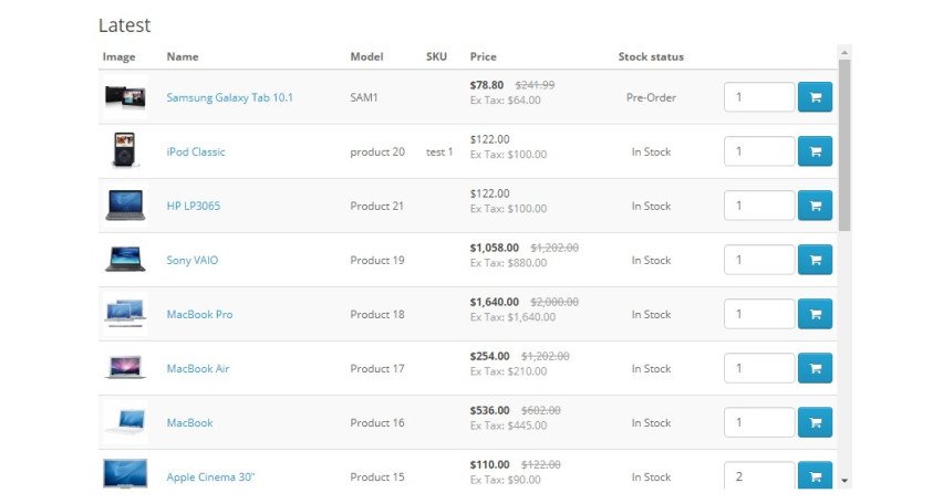 Модуль Opencart Таблиця товарів 